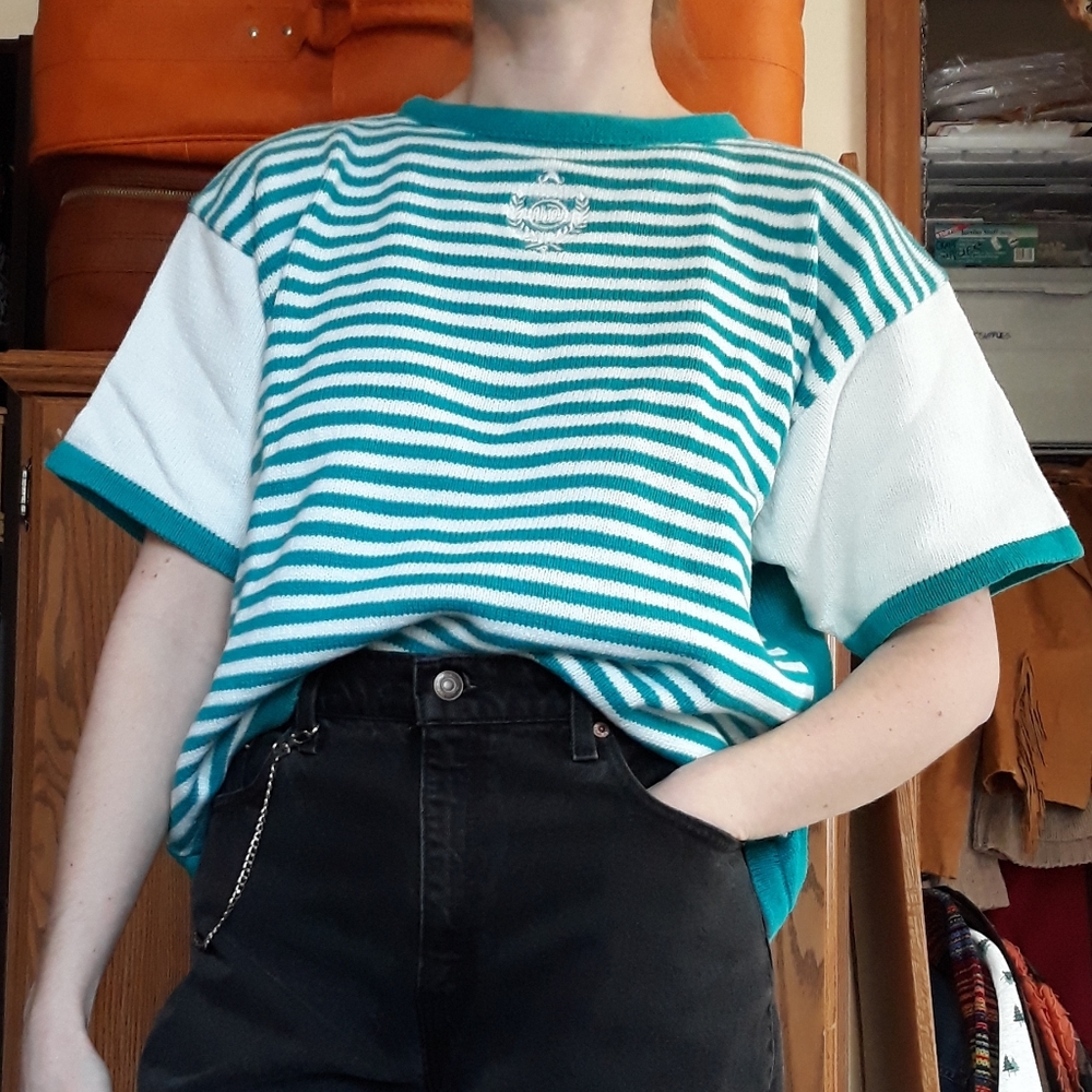 80s Idioms Striped Short-Sleeved Sweater Nautical